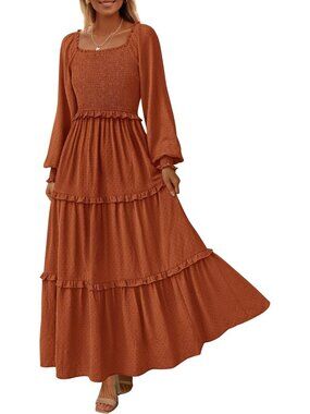 Women's Brown Long Sleeve Smocked Square Neck Swiss Dot Tiered Flowy Maxi Dress